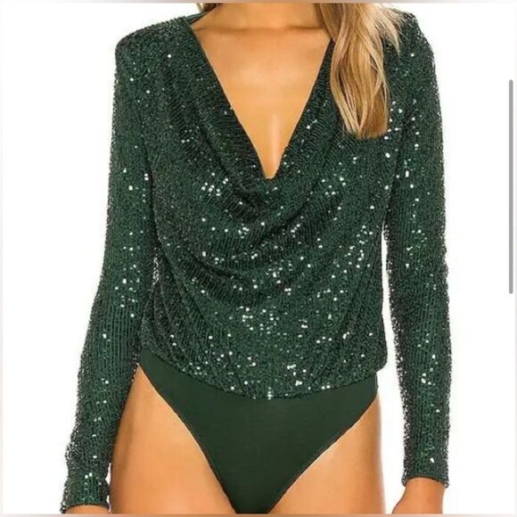 A Loves A Green Sequin Sparkle Cowl Neck Bodysuit Size S - Picture 2 of 9
